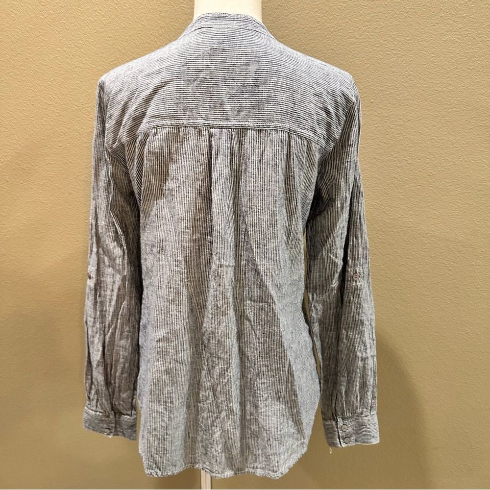 Button-Up Shirt Eileen Fisher Navy Striped Organic Cotton Hemp Mandarin Collar - Picture 11 of 15
